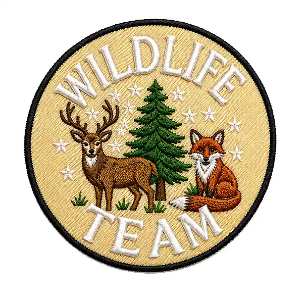 Round custom 3D embroidered patch featuring raised “Wildlife Team” lettering, a deer, fox, pine tree, and black border.