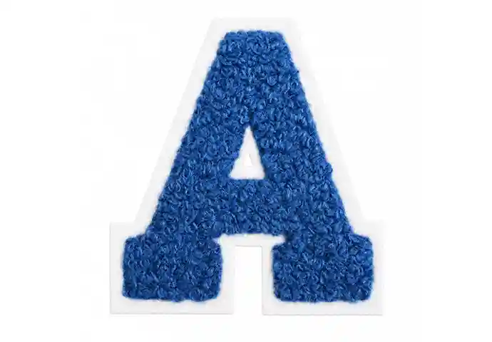 Custom varsity-style chenille letter A patch with blue chenille embroidery and a white felt border.