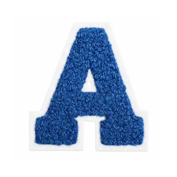 Blue varsity letter A chenille patch with a white felt border
