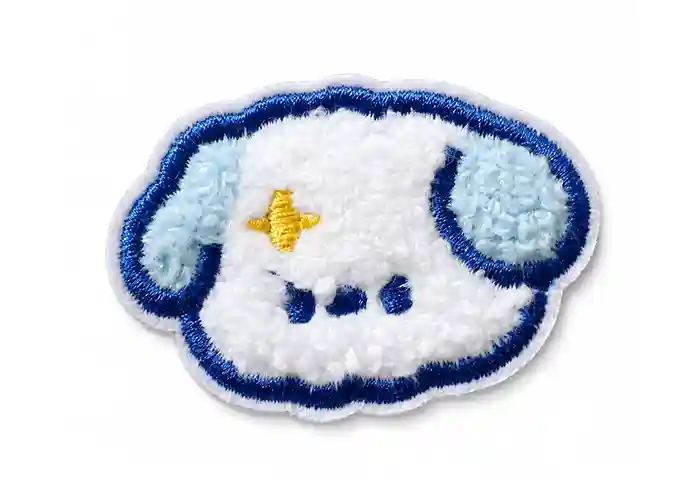 Custom chenille patch featuring a white and light blue puppy face with a yellow star and dark blue embroidered outline.