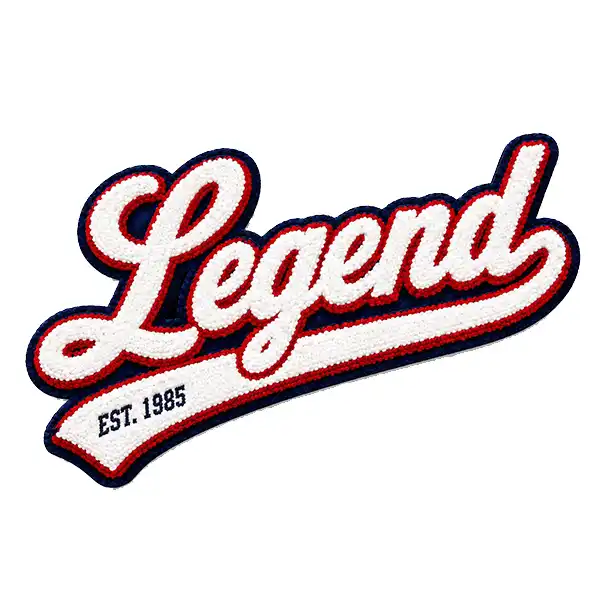 Custom chenille patch with white “Legend” script lettering, red and navy embroidered outlines, and “EST. 1985” text.
