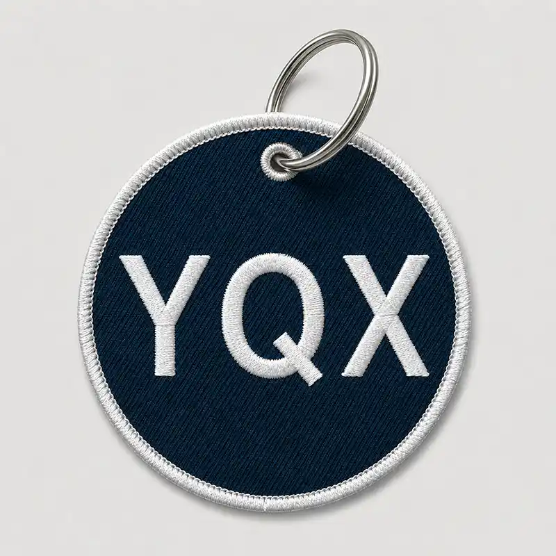 Round custom embroidered patch keychain with white YQX lettering, navy twill, a merrowed border, and a metal key ring.