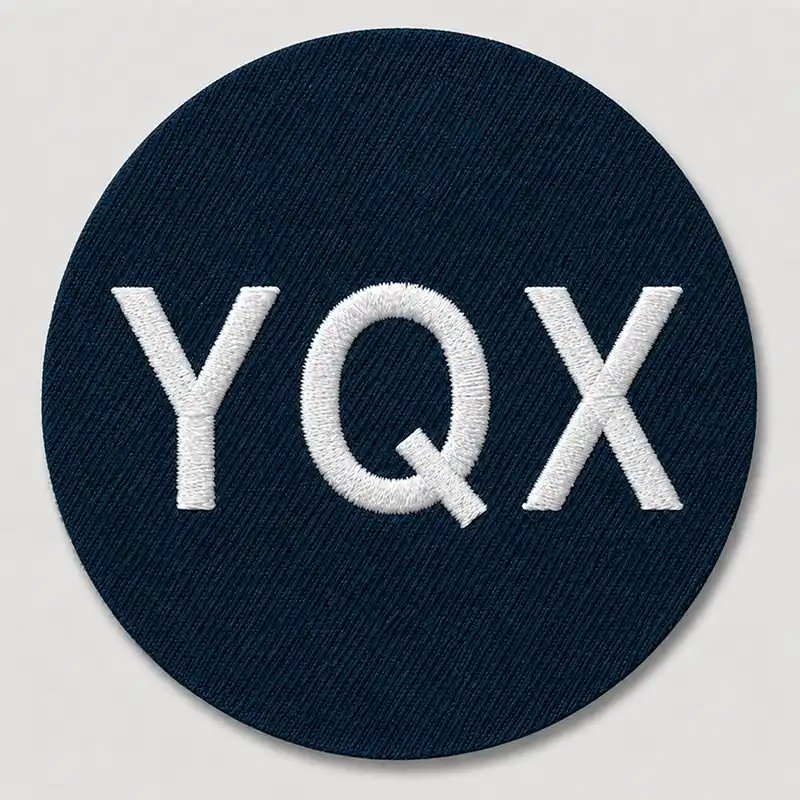 Front view of a round custom embroidered patch with white lettering, a clean-cut edge, and no embroidered border.