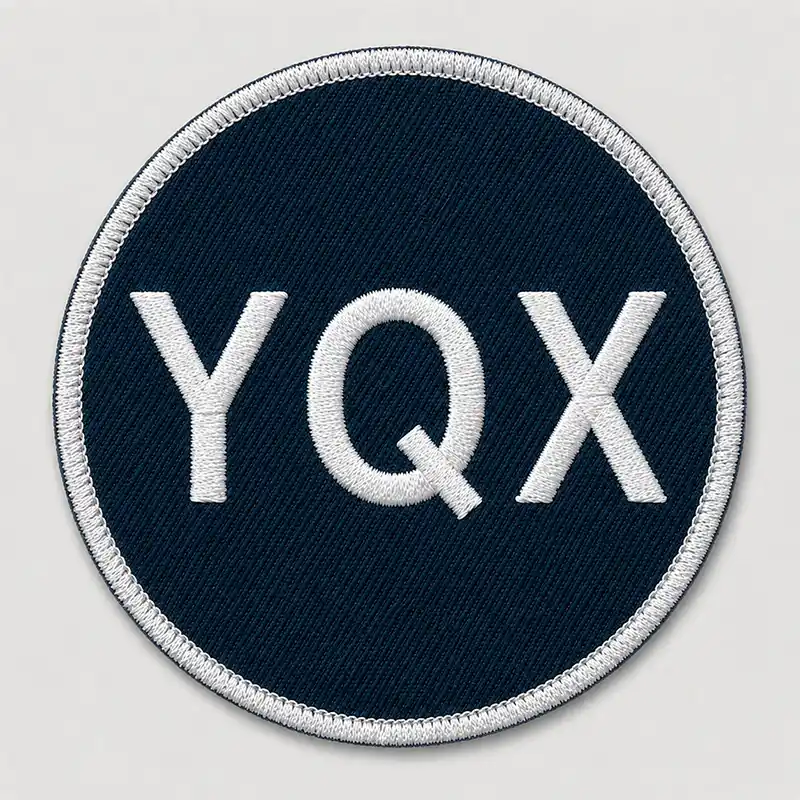 Front view of a round custom embroidered patch with white lettering and a flat white embroidered border.