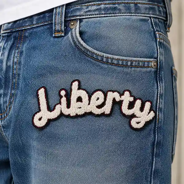 White “Liberty” script chenille patch with a dark embroidered outline applied to blue denim jeans.