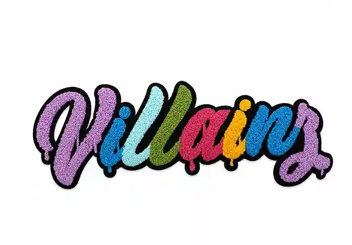 Custom chenille patch with multicolor “Villains” script lettering and a bold black embroidered outline.