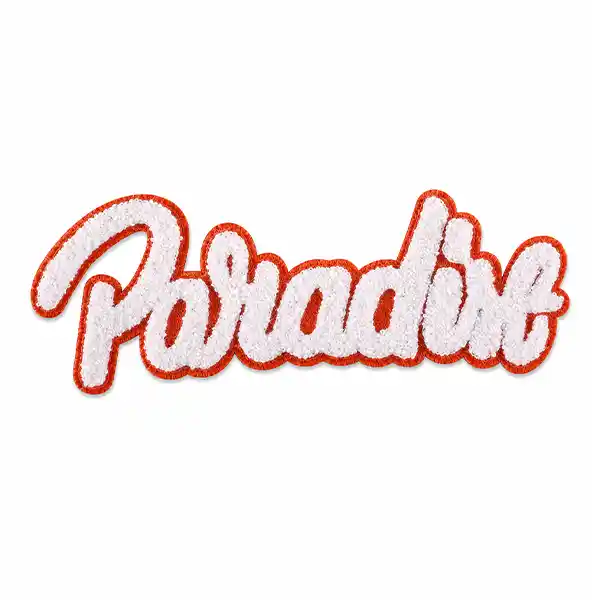 White Paladin script chenille patch with a bright orange embroidered border