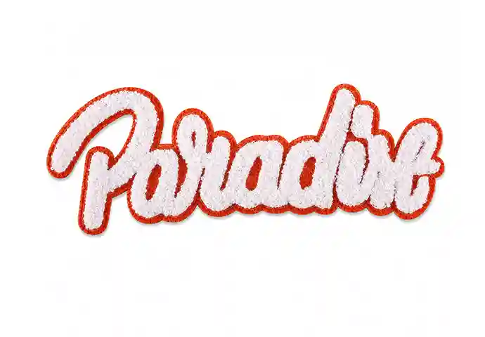 Custom chenille patch with white “Paradise” script lettering and an orange embroidered border.