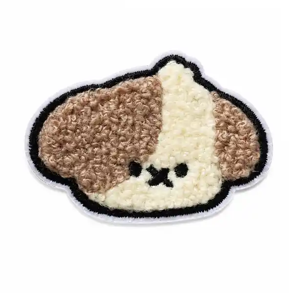 Brown and cream puppy-shaped chenille patch with black embroidered details and a white border