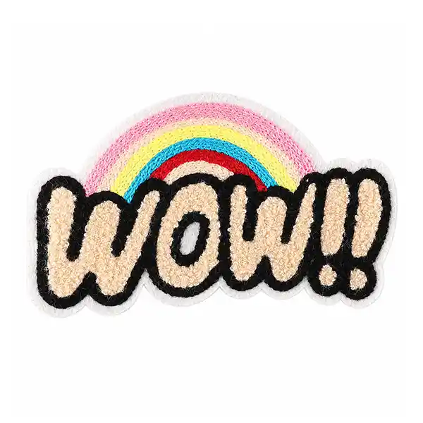 Colorful rainbow chenille patch with textured WOW lettering, black outline and white border