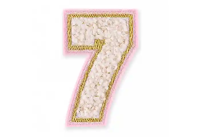 Custom varsity-style chenille number 7 patch with white chenille, gold metallic embroidery, and a pink felt border.