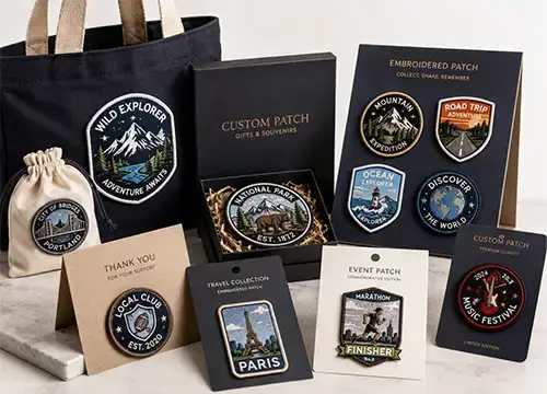 Custom embroidered patches displayed on gift packaging, tote bags, and event cards for branded merchandise.