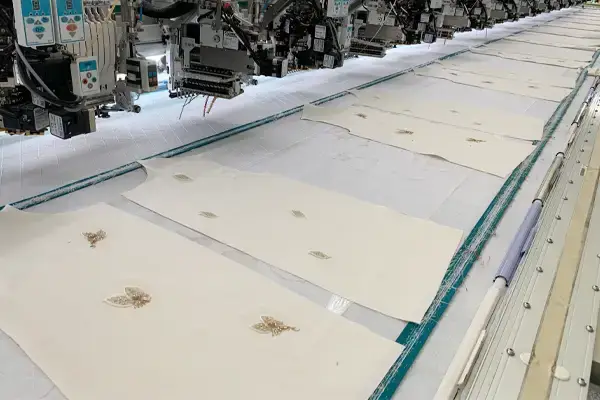 Computerized embroidery machines producing fabric panels with consistent stitch placement for reliable bulk production and repeat orders.