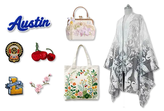 High-precision embroidery applications for apparel, handbags, tote bags, patches, and decorative accessory components.