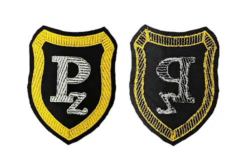 Front and back view of a no backing embroidered patch designed for sewing onto garments, bags, or textile products.