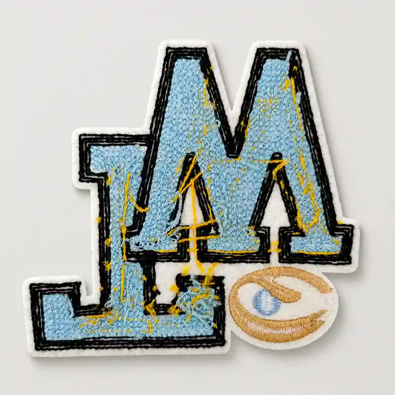 Back view of a custom chenille patch with an untreated fabric backing for sew-on application