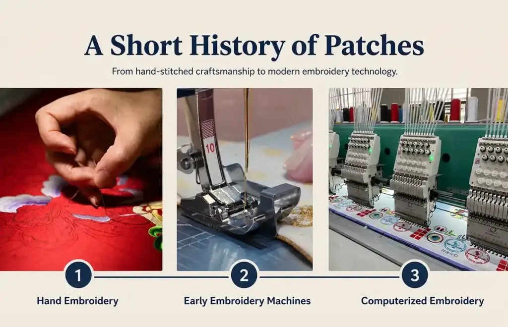 Timeline showing the development of patch production from hand embroidery to early embroidery machines and modern computerized embroidery.