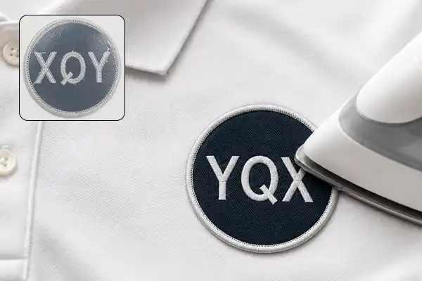 Close-up of an iron-on embroidered patch being heat applied onto a white garment, showing the patch attachment process and clean embroidery finish for custom apparel.