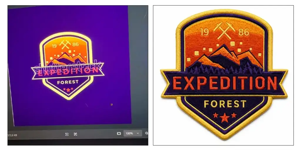 Comparison of a low-resolution logo screenshot and a finished embroidered patch sample showing why clear artwork files help improve custom embroidery sampling results.