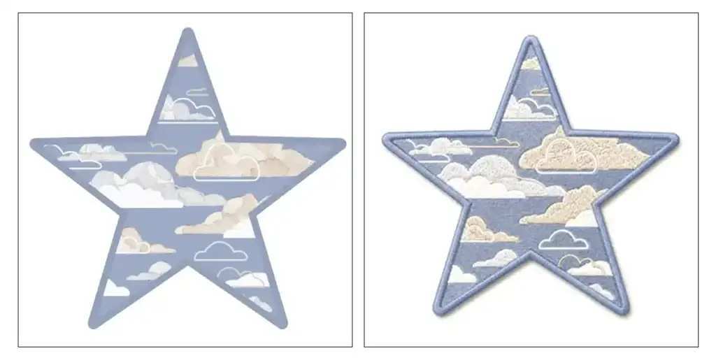 Comparison of star-shaped artwork and finished embroidered patch sample showing how fine cloud details and color areas are adjusted for clearer embroidery sampling results.