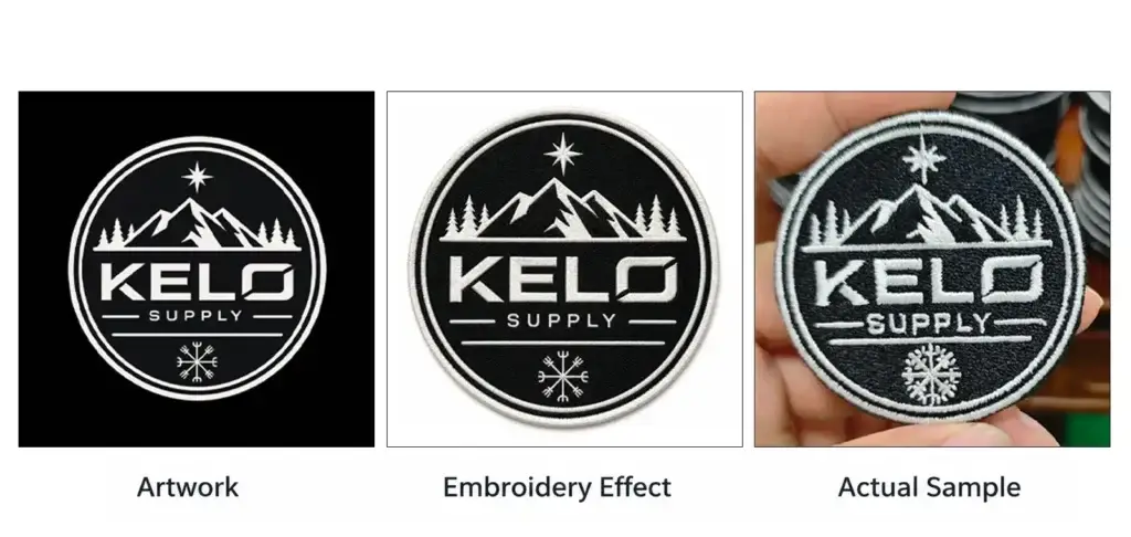 Comparison of logo artwork, digital patch preview, and finished embroidered patch sample showing how design details are reviewed before custom embroidery sampling.