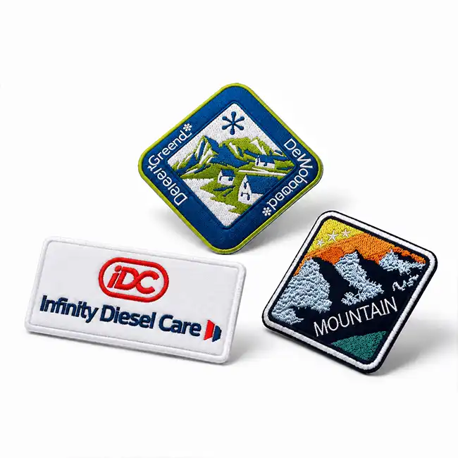 Three custom embroidered badges featuring logo and mountain designs for handbag decoration and branding.