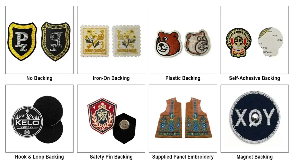 Comparison of custom embroidered patch backing options including no backing, iron-on backing, plastic backing, self-adhesive backing, hook and loop backing, safety pin backing, supplied panel embroidery, and magnet backing.