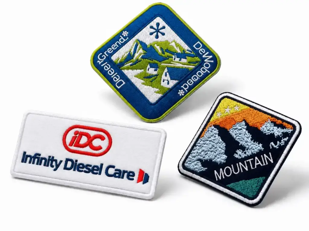 Close-up of custom embroidered patches showing detailed stitching, lettering, twill fabric, and finished edges.
