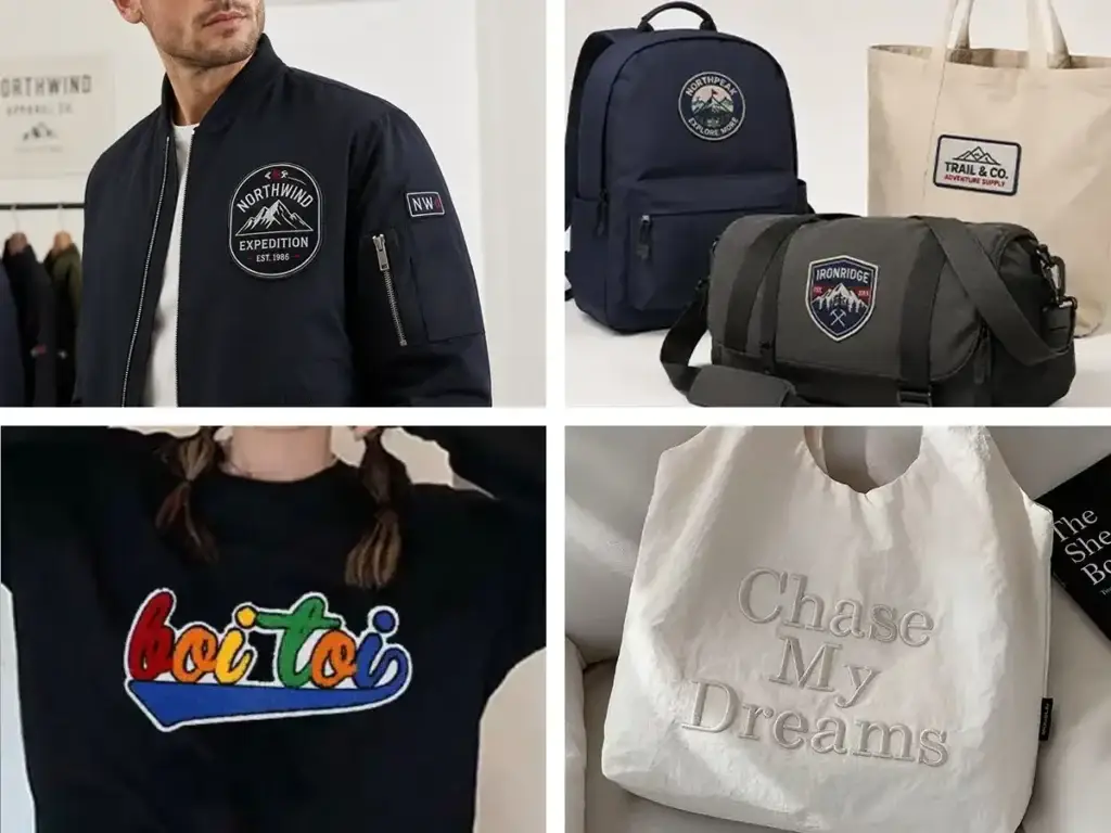 Examples of custom embroidery applications on jackets, backpacks, bags, and apparel products showing different logo embroidery styles