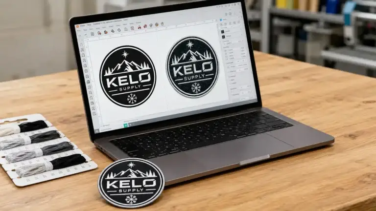 Laptop showing embroidery artwork and digital preview beside a finished custom embroidered patch sample, illustrating the artwork review process before embroidery sampling.