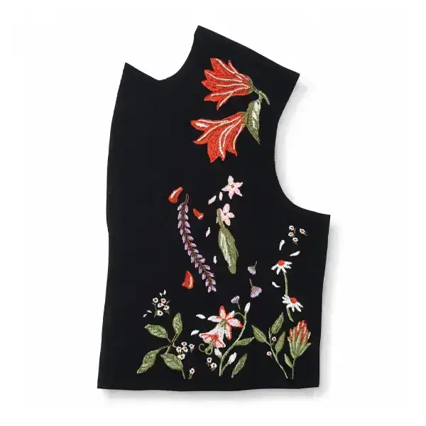 Black garment panel with detailed multicolor floral embroidery featuring red flowers, green leaves, and delicate botanical accents.