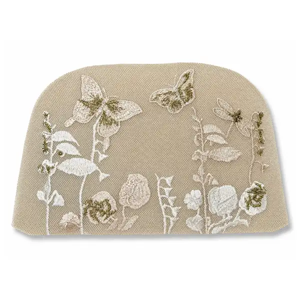 Beige handbag panel with delicate white and olive floral embroidery featuring flowers, leaves, and butterfly details.