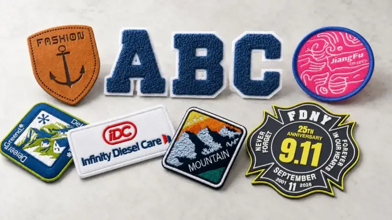 Selection of custom patches showing embroidered, chenille, leather, and PVC styles in different shapes, textures, and finishes.