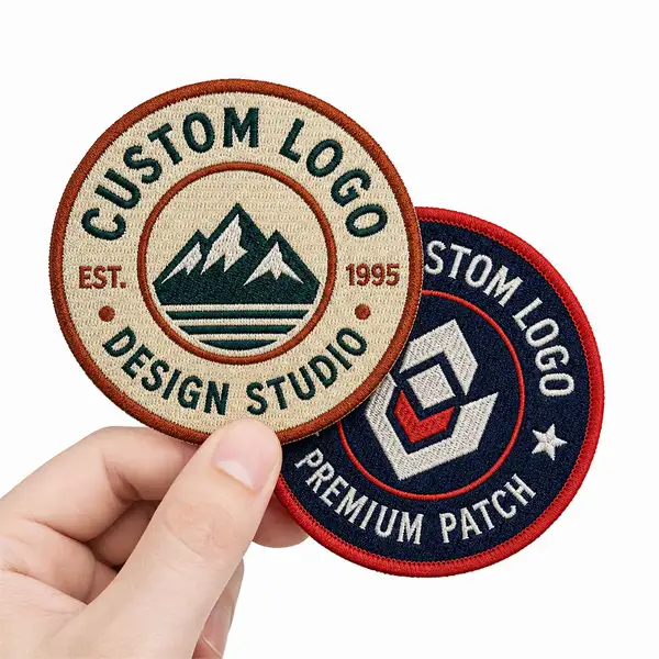 Two custom round embroidered patches featuring detailed logo designs, lettering, and finished stitched borders.