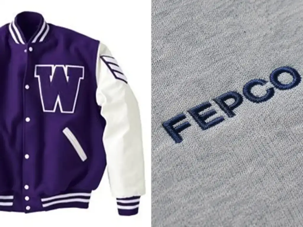 Comparison of an embroidered letter patch on a varsity jacket and direct embroidery stitched onto fabric.
