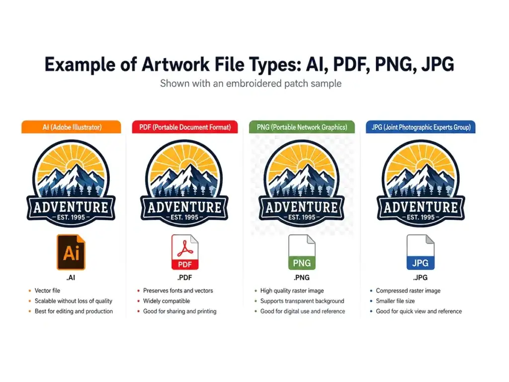 Comparison of AI, PDF, PNG, and JPG artwork file types shown with an embroidered patch sample for embroidery quote submission