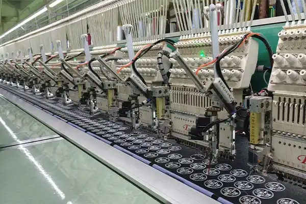 Custom embroidery factory production line showing computerized embroidery machines for B2B buyers preparing an embroidery quote