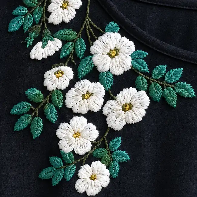 High-precision flat embroidery featuring white flowers and green leaves stitched on a black fashion garment panel.