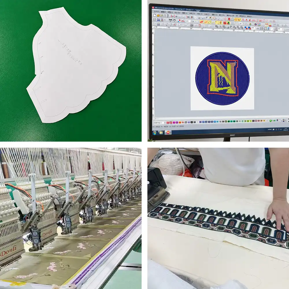 Garment panel embroidery production workflow showing pattern preparation, embroidery digitizing, multi-head machine embroidery, and manual finishing.