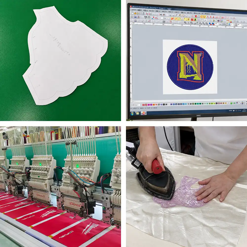 Handbag embroidery production workflow showing pattern preparation, embroidery digitizing, multi-head machine embroidery, and final pressing.