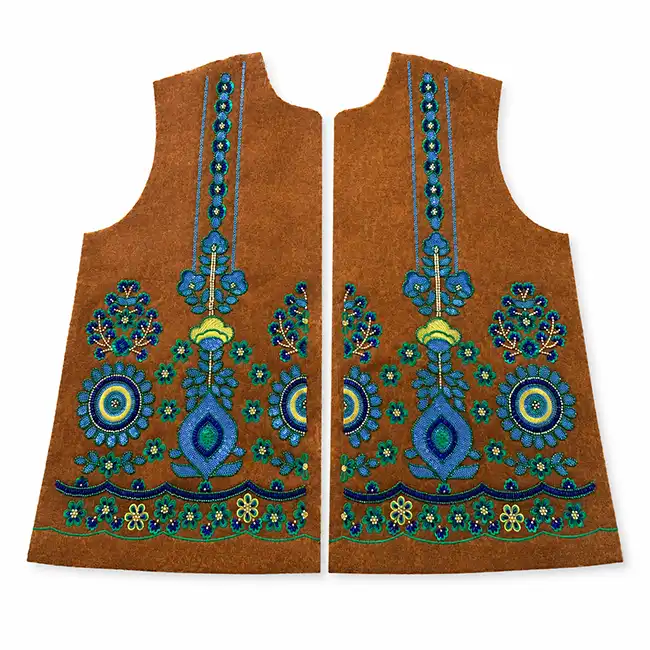High-precision sequin and bead embroidery on matching brown fashion garment panels with intricate blue floral and ornamental designs.