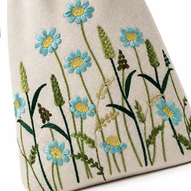 Detailed traditional floral embroidery with blue flowers, green stems, and textured leaves stitched on a light-colored handbag panel.