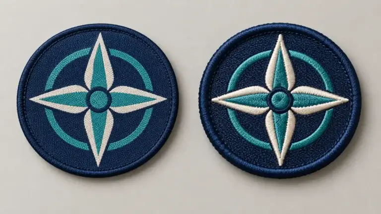 Two unbranded round patches with matching compass motifs, showing a flatter woven surface beside raised embroidery.