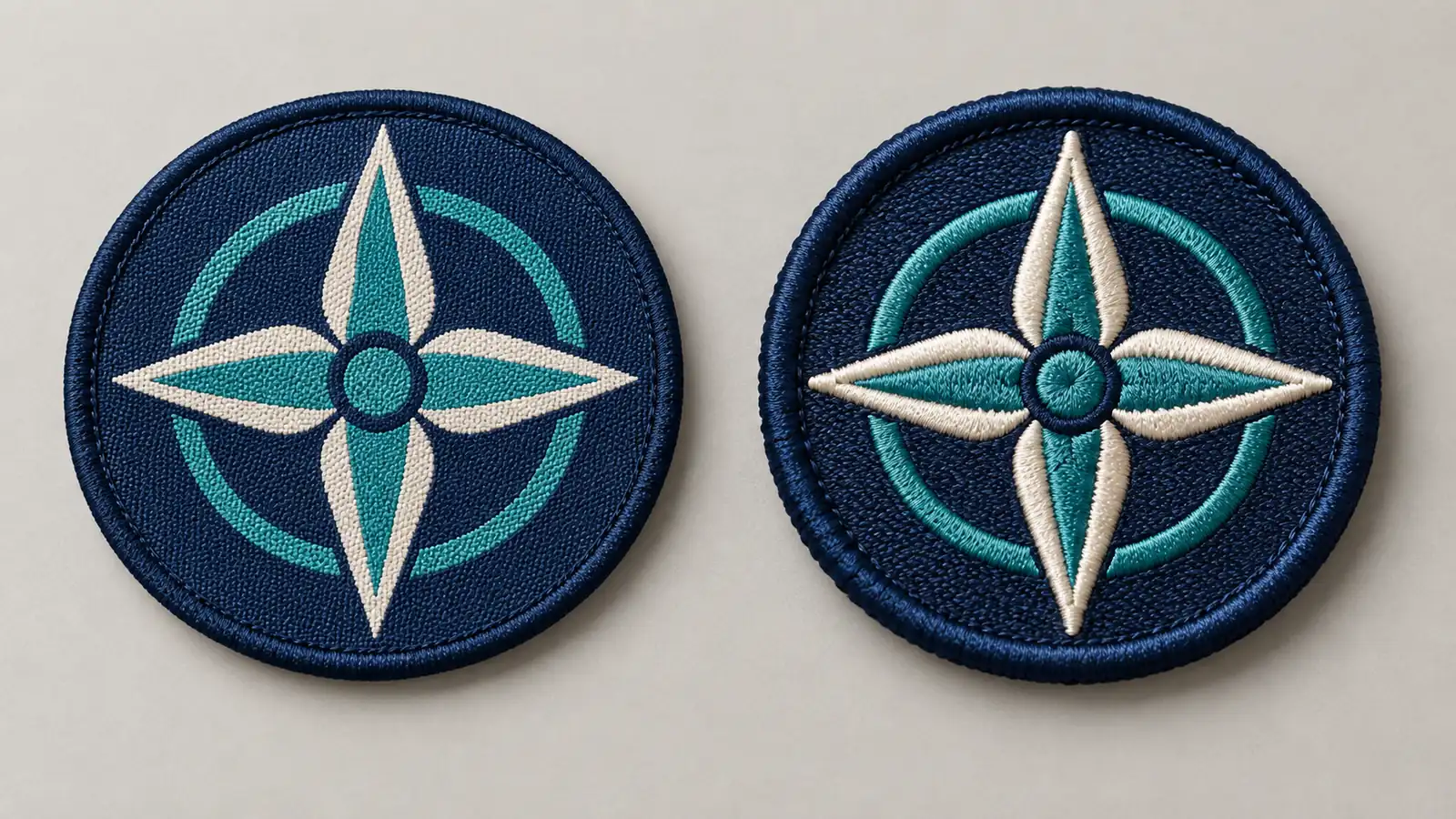 Two unbranded round patches with matching compass motifs, showing a flatter woven surface beside raised embroidery.