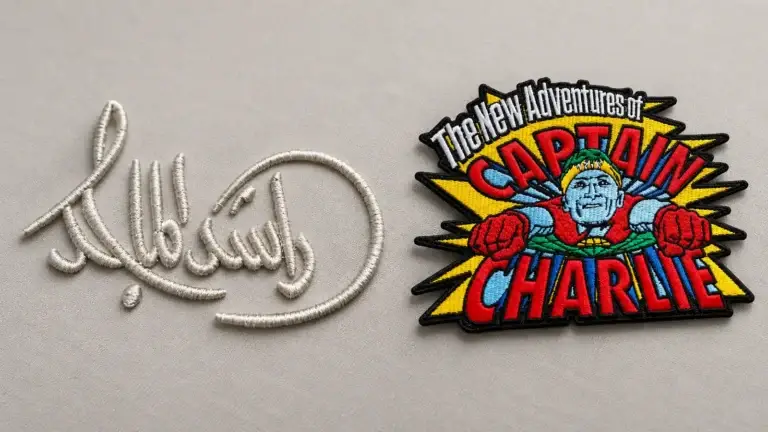 Raised white script embroidery beside a detailed multicolor flat embroidered patch on a neutral textile background