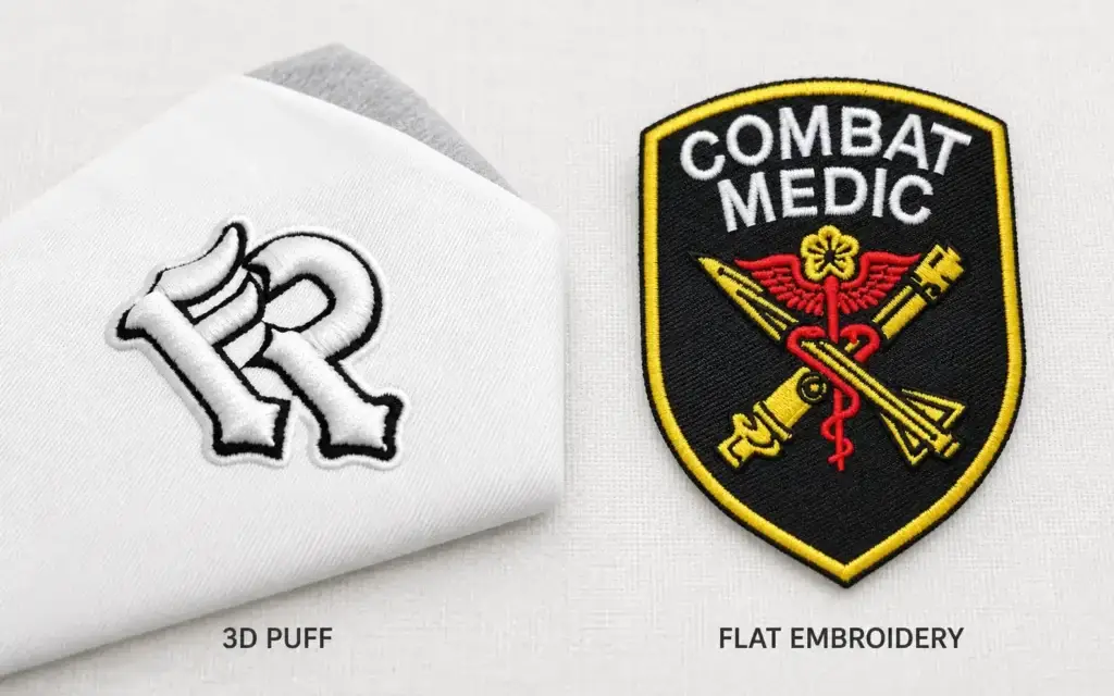 Raised white 3D puff monogram beside a black flat embroidered Combat Medic badge, labeled for comparison