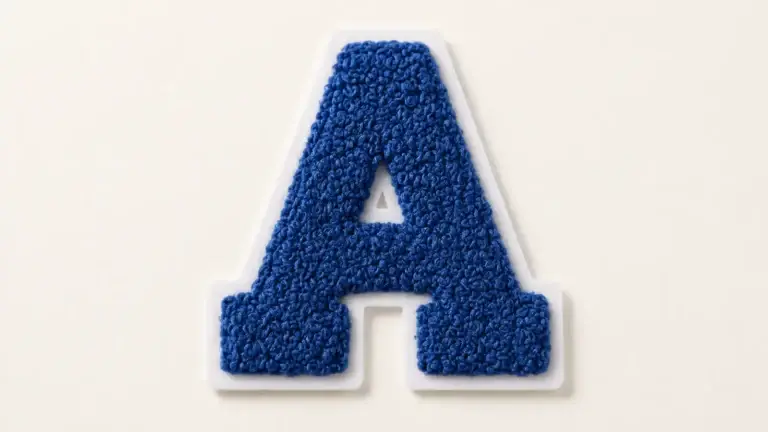 | Blue chenille letter A with a white felt border on a neutral background.