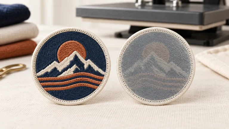 Front and heat-activated back of a round navy embroidered mountain patch beside a heat press.