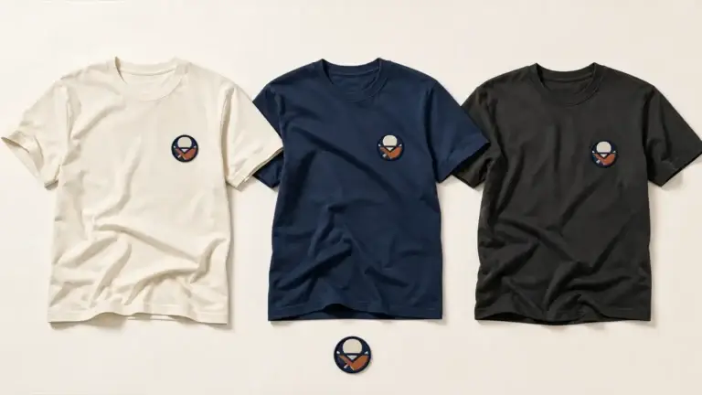 Three stock blank T-shirts in cream, navy, and charcoal using the same circular embroidered chest patch.