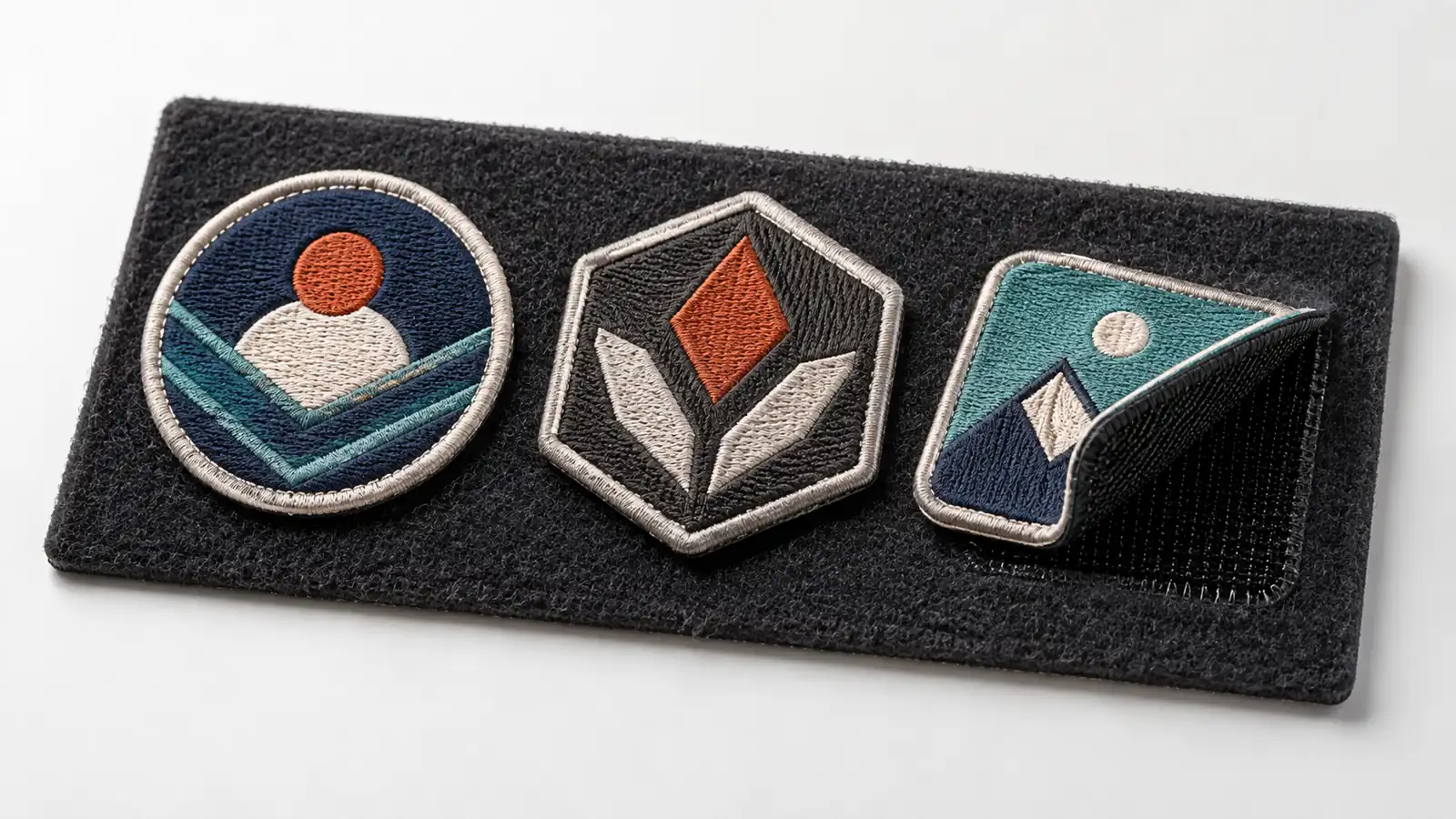 Three embroidered patches on a black loop panel, with one corner lifted to reveal the black hook backing
